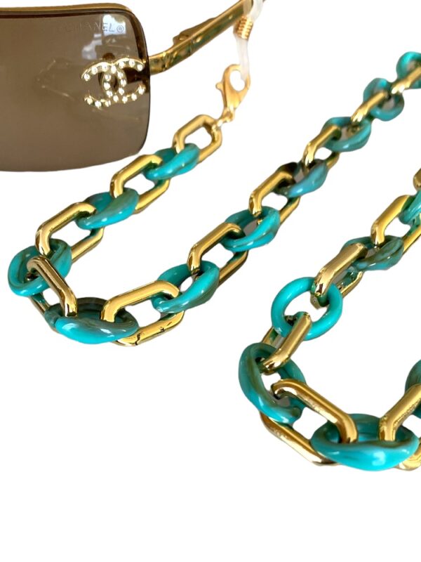 21287 Xl brilketting grote schakel - acetaat - turkoois met goud met bril