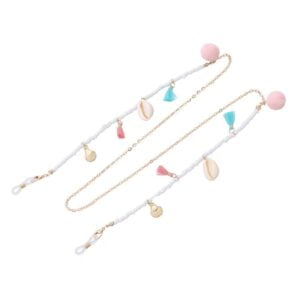 21358 brillenkoord - kralen en schelpjes - wit met goud - met kwastjes - multicolor